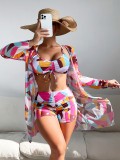 2023 new summer lady three piece sest  bikini overskirt print 19 color swimwear shorts beach suit drawstring swimsuit xckx1134