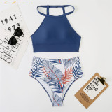 Designer summer Women Two-Piece Bikini Swimsuit High Waist Leaf printing Swimwear xckx1127 Wholesale Bathing Suit