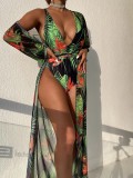Sexy print swimsuits Siamese deep v Swimwear short sleeve long cover-up Two-Piece Swimsuit sets summer xckx1137 Wholesale women Bathing Suit
