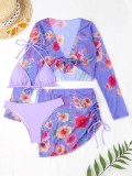 new Women Summer beachwear 4 piece sets long sleeve short cover-up swimwear four-pieces short skirts swimsuit xckx1135