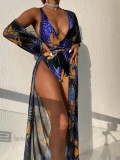 Sexy print swimsuits Siamese deep v Swimwear short sleeve long cover-up Two-Piece Swimsuit sets summer xckx1137 Wholesale women Bathing Suit