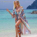 2023 Summer Women 22 Color Print Lace-up Cardigan Sunscreen Shirt Cotton Fabric Beach Smock Swimwear Bikini Cover-up Wholesale Lxf2038