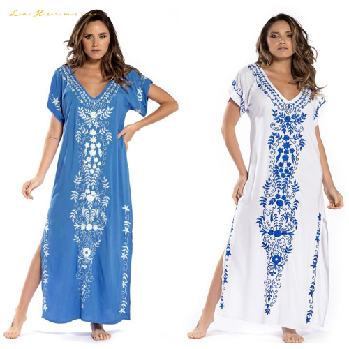 Summer Embroidery Cotton Swimwear Cover UPS Multicolor Beach Smock Dress Ladies Swimming Bikini Cover-up Lxf2340