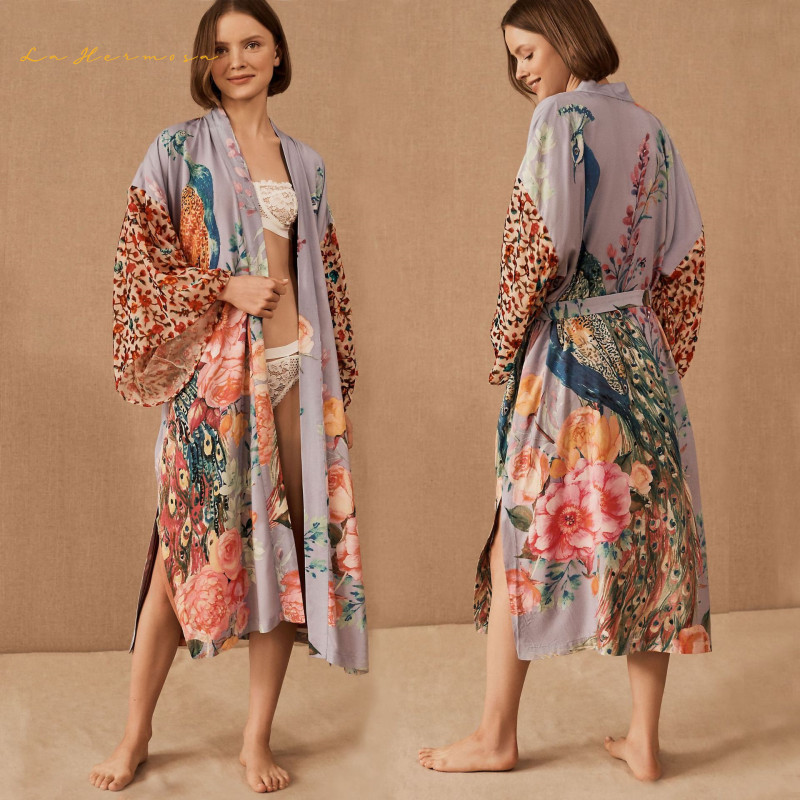 Summer women Beach smock peacock pattern positioning print holiday Sun protection cardigan smock swimwear cover up Lxf3238