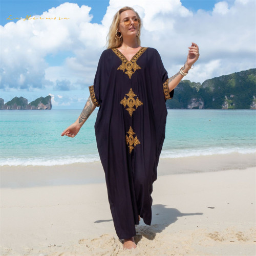 Black and white color Cotton swimwear cover up gold embroidered robe holiday smock dress women Bikini smock Lxf2838