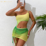 women swimwear designer Gradual shading bikini #xcyx0636 sexy Hollow conjoined swimsuit swimming two-piece Net yarn swimsuits