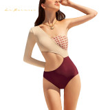 Women one piece One shoulder Long sleeve bikini Splicing color Hollow out Design swimwear summer beach suit swimsuit qj2029