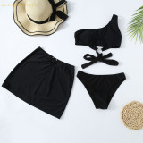 women swimwear designer three-piecce skirt bikini #xcyx0635 sexy swimsuit fashion One shoulder Pure black color swimming swimsuits