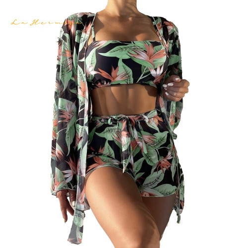 Wholesale Women Summer beachwear 3 piece sets long sleeve swimwear cover-up  shorts bathing suit set swimsuit xckx1139