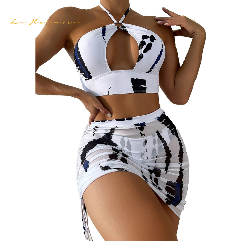 New Summer Women three piece set skirts bikini sexy Hollow out swimwear beachwear drawstring Tight fitting swimsuit xckx1129