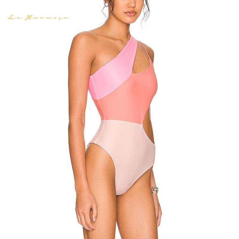 Women  one-piece swimsuit sexy bikini Splicing One shoulder Hollow out Design swimwear summer beach suit qj2029