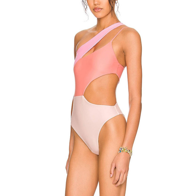 Women  one-piece swimsuit sexy bikini Splicing One shoulder Hollow out Design swimwear summer beach suit qj2029