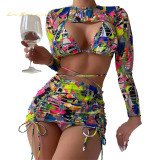 Summer seaside Women long sleeve Sun protection four piece sets bikini sexy swimwear 4 piece beachwear drawstring swimsuit xckx1139