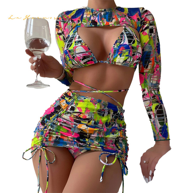 Summer seaside Women long sleeve Sun protection four piece sets bikini sexy swimwear 4 piece beachwear drawstring swimsuit xckx1139