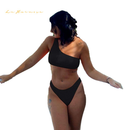 Solid color Two-piece One Shoulder High Waist bikini sexy Swimsuit female summer beach swimwear rfd12826