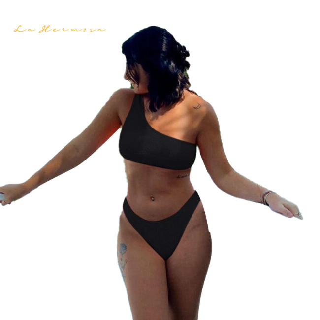 Solid color Two-piece One Shoulder High Waist bikini sexy Swimsuit female summer beach swimwear rfd12826