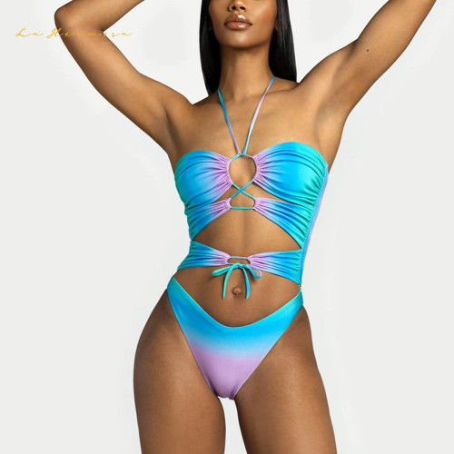 Women Gradient color one-piece swimsuit sexy bikini Splicing Hollow out Design swimwear summer beach suit qj2029