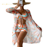 2023 new summer lady three piece sest  bikini overskirt print 19 color swimwear shorts beach suit drawstring swimsuit xckx1134