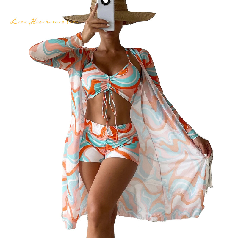 2023 new summer lady three piece sest  bikini overskirt print 19 color swimwear shorts beach suit drawstring swimsuit xckx1134