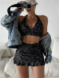 Womens beach Summer three piece set floral print 8 color bikini sexy swimwear designer beach suit bowknot High waist skirts swimsuit xckx1131