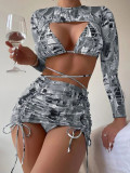 Summer seaside Women long sleeve Sun protection four piece sets bikini sexy swimwear 4 piece beachwear drawstring swimsuit xckx1139