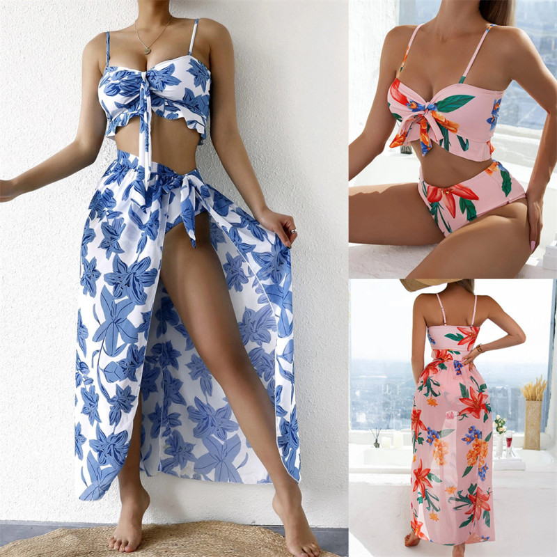 Women beach print Summer three piece set bikini sexy swimwear  designer beachwear High waist skirts 3 pieces swimsuit xckx1141