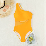 Women one piece One shoulder  bikini Splicing Net yarn Hollow out Design swimwear summer beach suit swimsuit qj2029