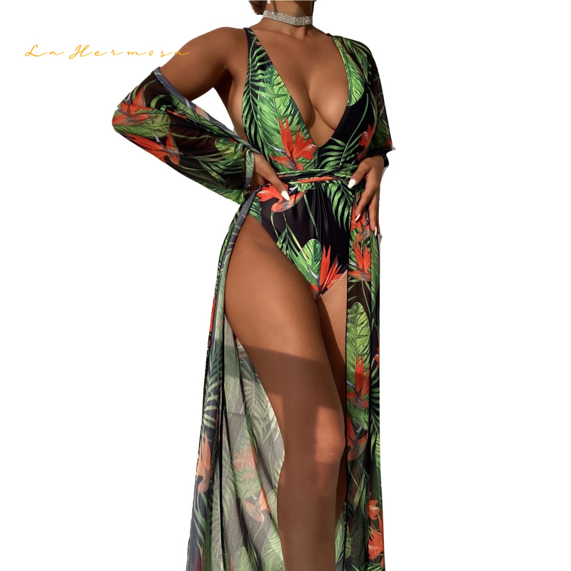 Sexy print swimsuits Siamese deep v Swimwear short sleeve long cover-up Two-Piece Swimsuit sets summer xckx1137 Wholesale women Bathing Suit