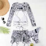 Summer seaside Women long sleeve Sun protection four piece sets bikini sexy swimwear 4 piece beachwear drawstring swimsuit xckx1139