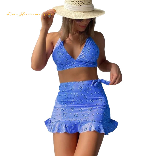 Womens beach Summer three piece set floral print 8 color bikini sexy swimwear designer beach suit bowknot High waist skirts swimsuit xckx1131