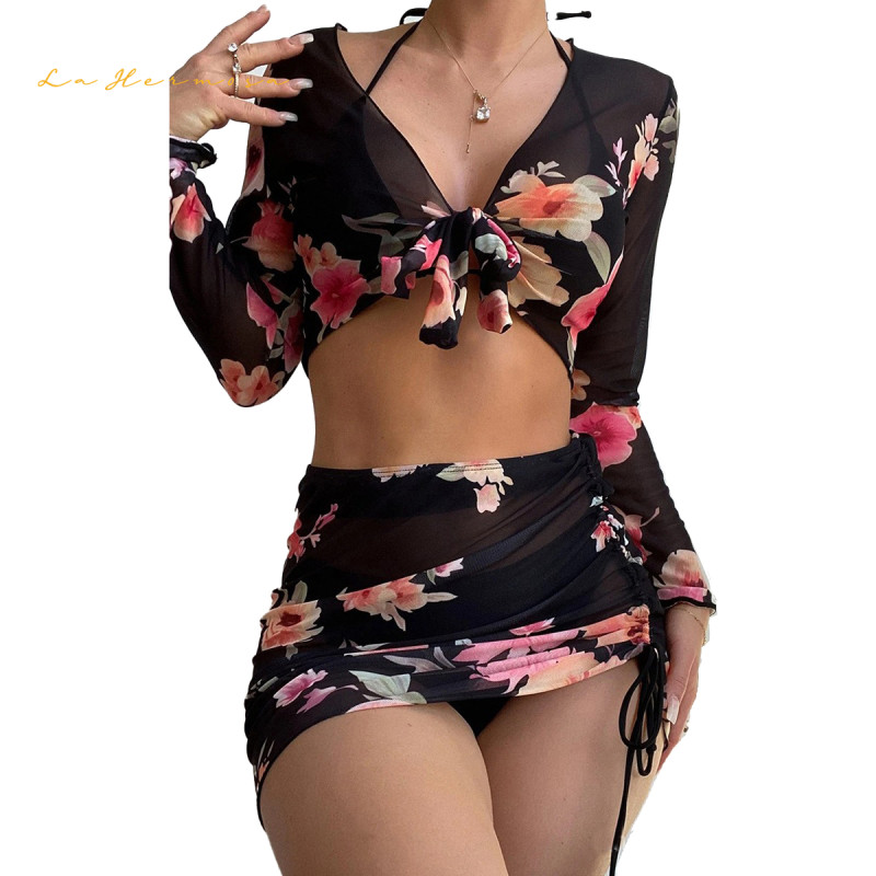 new Women Summer beachwear 4 piece sets long sleeve short cover-up swimwear four-pieces short skirts swimsuit xckx1135