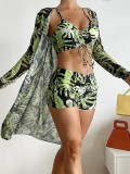 2023 new summer lady three piece sest  bikini overskirt print 19 color swimwear shorts beach suit drawstring swimsuit xckx1134