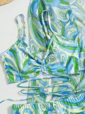 2023 new summer lady three piece sest  bikini overskirt print 19 color swimwear shorts beach suit drawstring swimsuit xckx1134