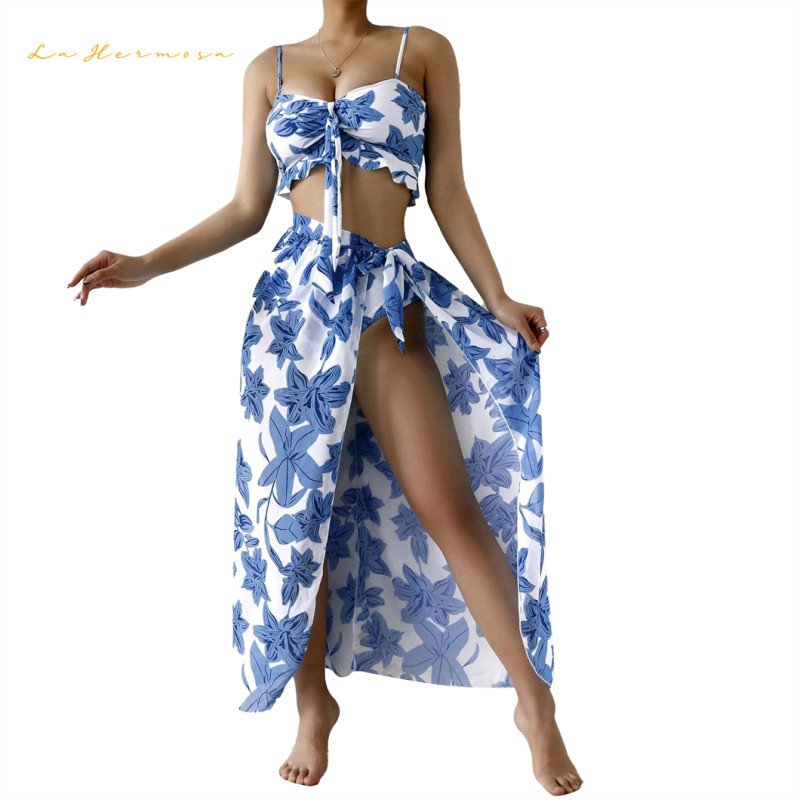 Women beach print Summer three piece set bikini sexy swimwear  designer beachwear High waist skirts 3 pieces swimsuit xckx1141