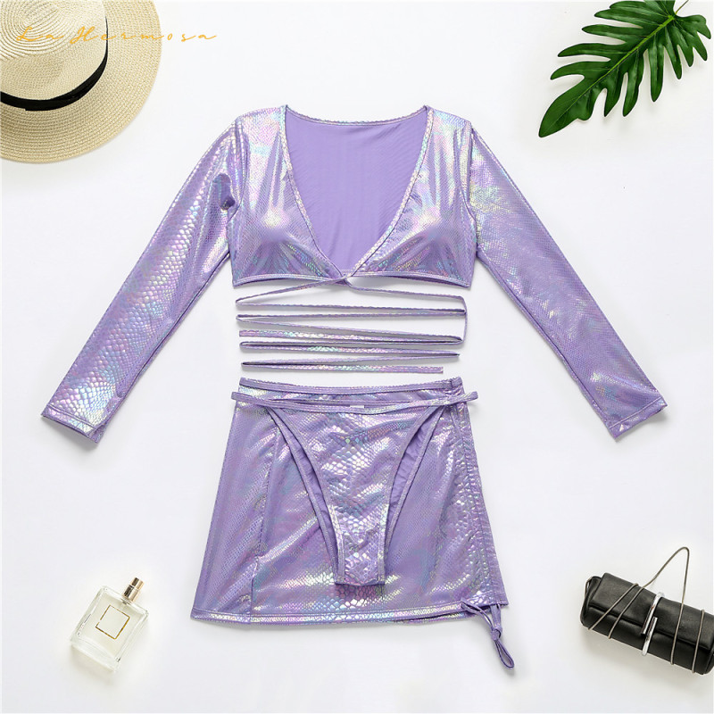 women swimwear designer three-piecce Pure color bikini #xcyx0638 sexy Long sleeve Fish scales skirt swimsuit swimming Thongs swimsuits
