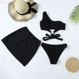 women swimwear designer three-piecce skirt bikini #xcyx0635 sexy swimsuit fashion One shoulder Pure black color swimming swimsuits