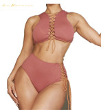 women swimwear designer Intermediate lacing two-piecce bikini #xcyx0633 sexy Solid red color swimsuit swimming swimsuits