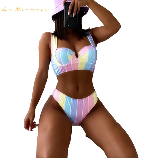 Hot Sale Multiple Colors Women Contrasting Stripes Two-Piece Swimsuit High Waist Blue Bathing Suit #xccc0630 Beachwear Wholesale Swimwear Design Bikini