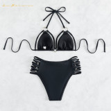 Women new 2023 two piece sexy bikini pure black color hardware swimwear Sexy hollow out beach suit  swimsuit qj1427
