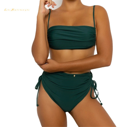 Women two-pieces lace-up Swimwear #dp0432 summer Solid Color  Bathing Suit fashion Swimsuit sexy Draw string Bikini