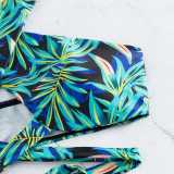 Women two piece sexy bikini swimwear fashion green print and pure blue lace-up Hollow out beach  swimsuit qj1429