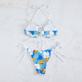 Sexy ladies two piece Hollow out bikini swimwear floral print lace-up bathing suit beach suit lace-up swimsuit qj1526