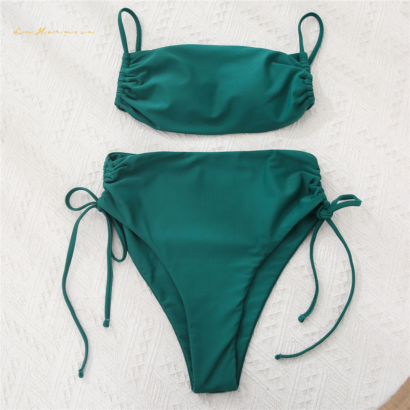 Women two-pieces lace-up Swimwear #dp0432 summer Solid Color  Bathing Suit fashion Swimsuit sexy Draw string Bikini