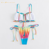 women Sexy two piece bikini Design lace-up rainbow swimwear fashion Hollow out beach suit swimsuit qj1522
