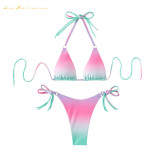 Sexy ladies two piece bikini swimwear Summer fashion Polychromatic gradients bathing suit lace-up beach suit swimsuit qj1524