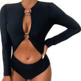 women swimwear designer two-piecce bikini sexy Hollow out swimsuit #xcyx37 fashion Long sleeve Pure black color swimming swimsuits