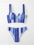Hot Sale Multiple Colors Women Contrasting Stripes Two-Piece Swimsuit High Waist Blue Bathing Suit #xccc0630 Beachwear Wholesale Swimwear Design Bikini