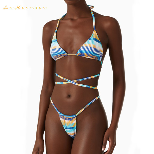 Women two piece sets bikini Striped gradient lace-up swimwear fashion beach bathing suit summer swimsuit qj1422