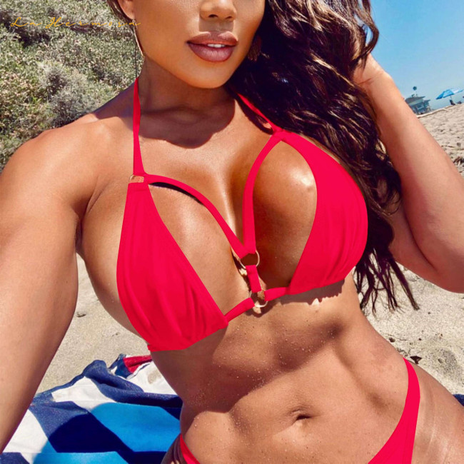 Sexy Women two piece bikini swimwear Solid color multicolor bathing suit beach suit lace-up swimsuit qj1524