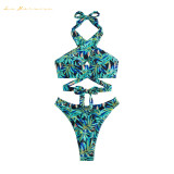 Women two piece sexy bikini swimwear fashion green print and pure blue lace-up Hollow out beach  swimsuit qj1429